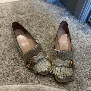 GUCCI Gold Metallic Heel Loafers size 37 1/2